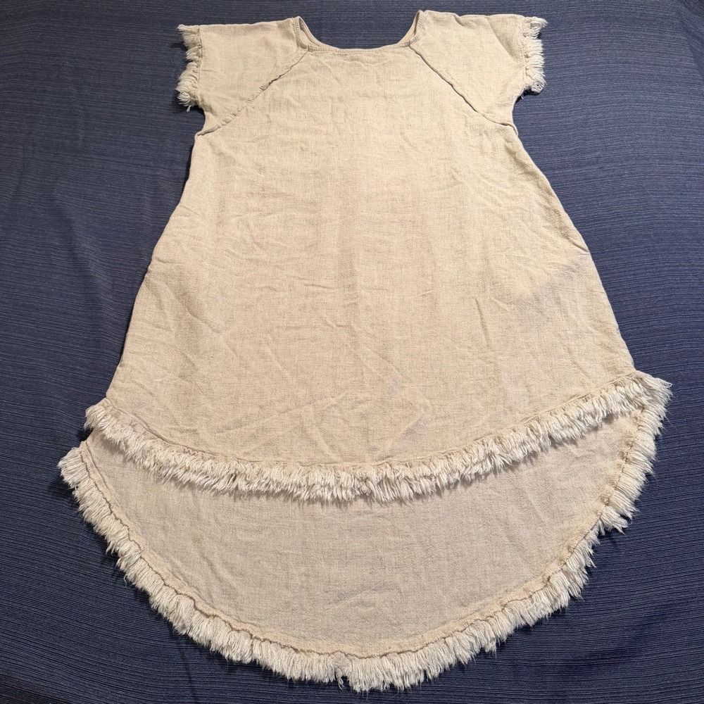Umgee USA Tan Linen Blend Fringe High Low Shift Dress Pockets Womens Small C1716